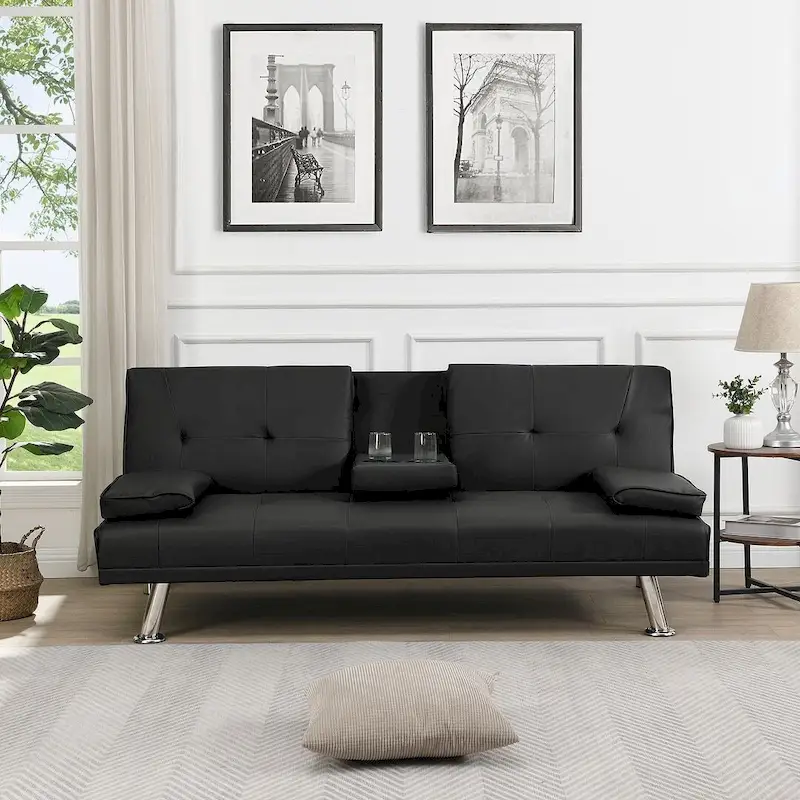 Convertible Sofa Bed – Black / Dark Brown, Faux Leather, 3-Position Recliner, Seats 2