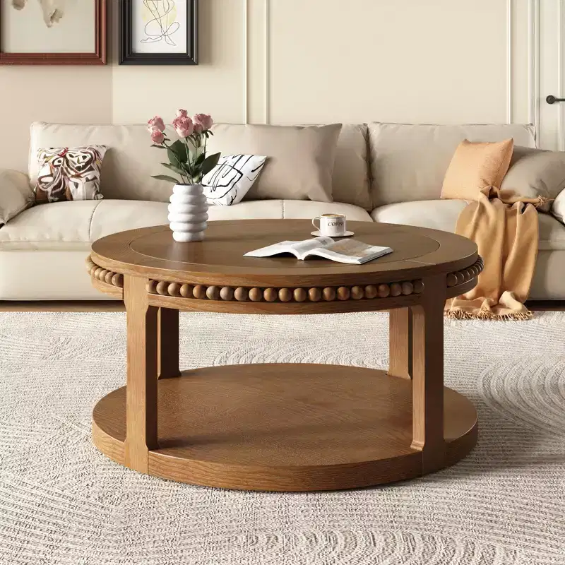Okak Vintage Round 2-Tier Coffee Table with Dual Storage,Solid Wood Veneer Center Table for Living Room,Bedroom