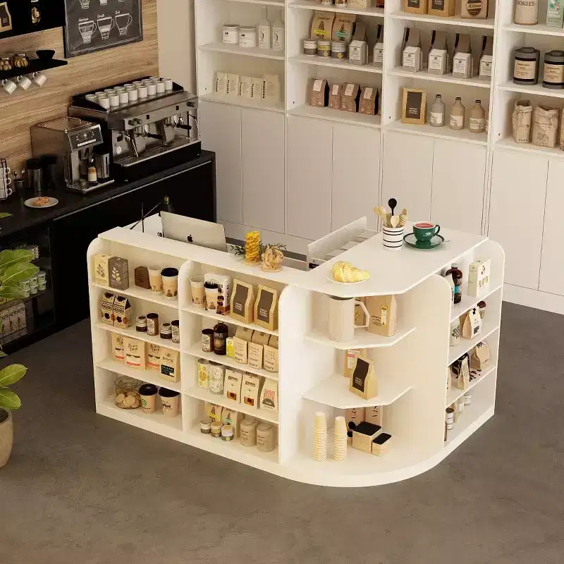 White Wood Reception Desk with Filing Cabinet - 15-Shelf Display, 3 Drawers & Cable Management