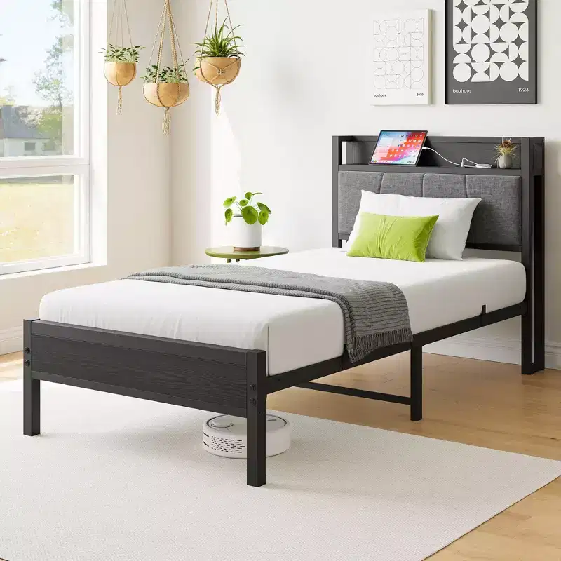 Okak Twin Size Bed Frame with Solid Storage Headboard, Platform Bed with Storage Headboard with Charging Station for Bedroom, Black