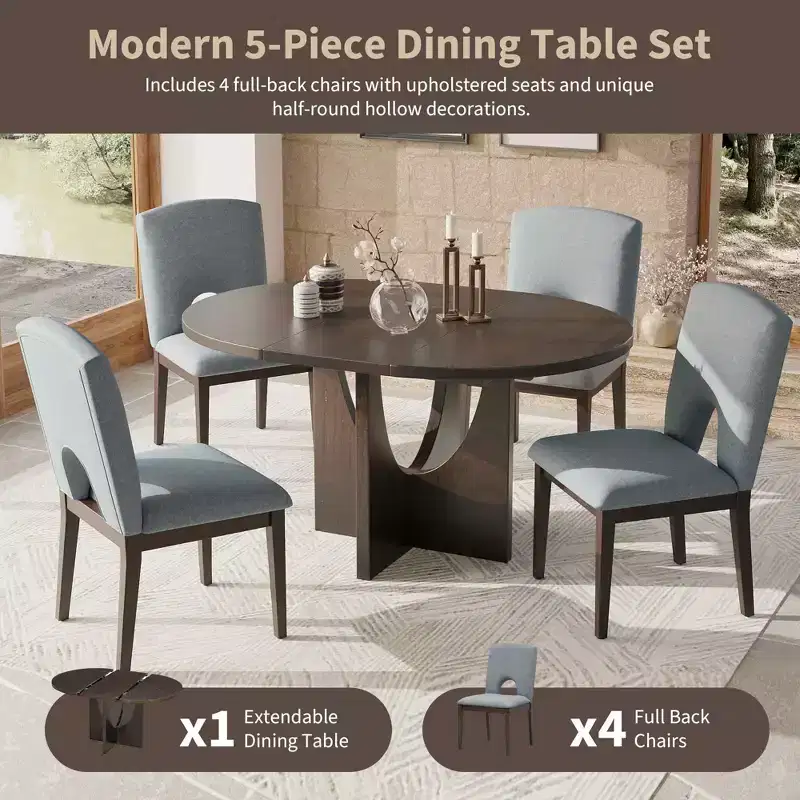 MAYEERTY 5-Piece Modern Extendable Round Dining Table Set, 16.2 Leaf Small Space Table Set, Espresso + Gray