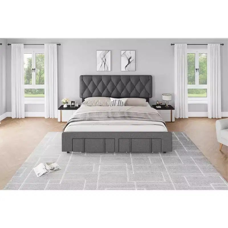Upholstered Platform Bed Frame with Storage Drawers, Wooden Slats, No Box Spring Needed