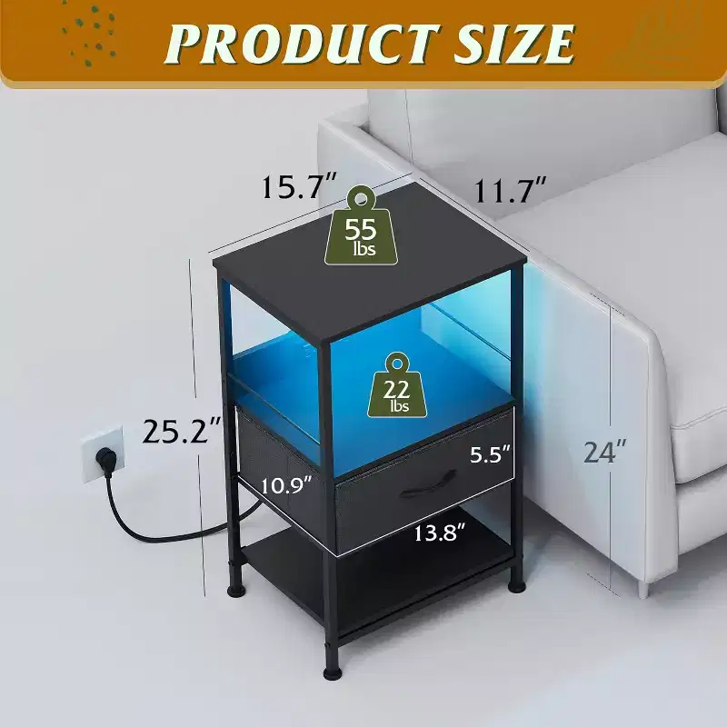 LED Nightstand with Charging Station Adjustable Fabric Drawer, 3-Tier Storage Bedside Table Compact End Table for Bedroom