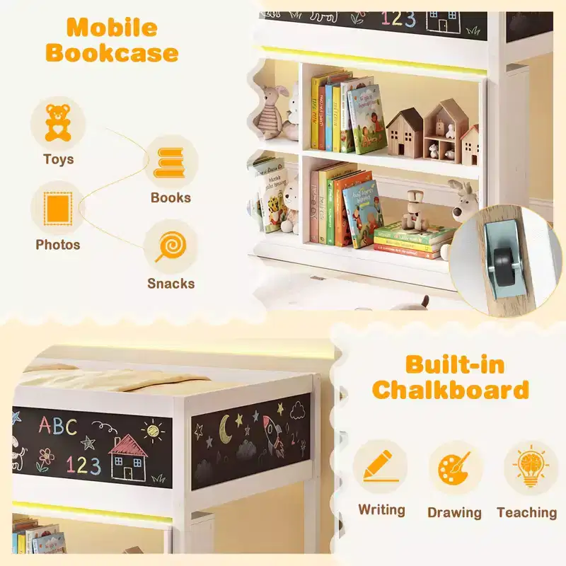 Costway Kids Loft Bed w/LED Lights Chalkboard & Removable Bookcase Safety Guardrail