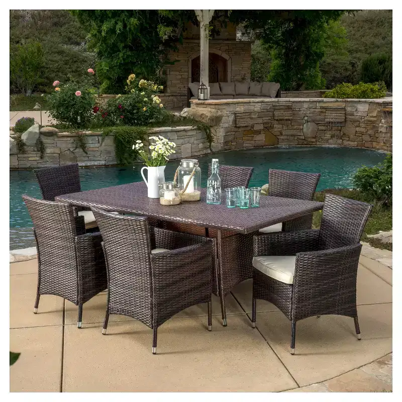 Jennifer 7pc Wicker Patio Dining Set with Cushions: Christopher Knight Home, Metal Frame, Weather-Resistant