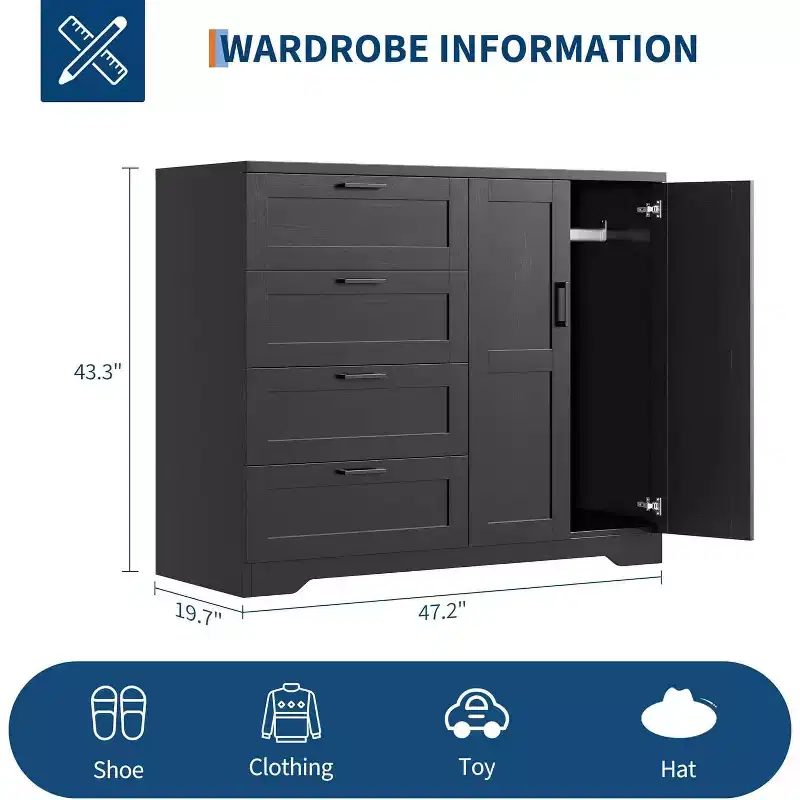 43.3 Inch Black Storage Dresser with 4 Drawers and Hanging Rod, Multifunctional Organizer for Bedroom, Easy Assembly