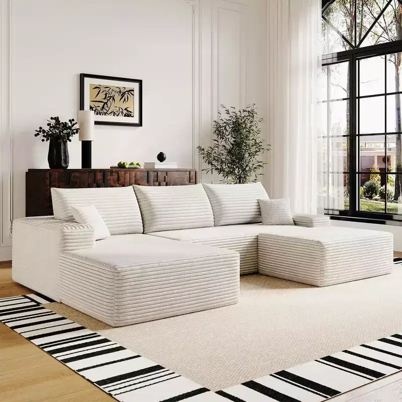 MAYEERTY 107 White L-Shape Cloud Sectional, Plush Corduroy Modular Sofa, No Assembly
