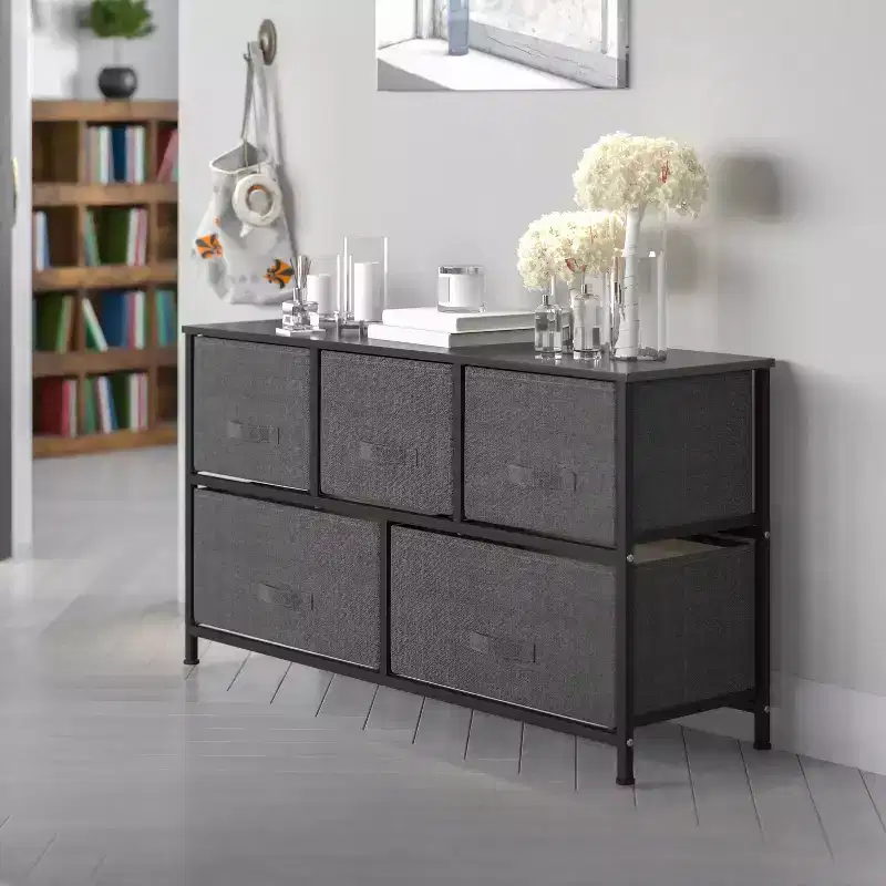 Emma and Oliver 5 Drawer Storage Chest with Wood Top & Dark Fabric Pull Drawers