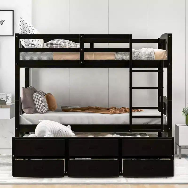 Letto a castello in legno Twin-over-Twin con scaletta, letto estraibile e cassetti