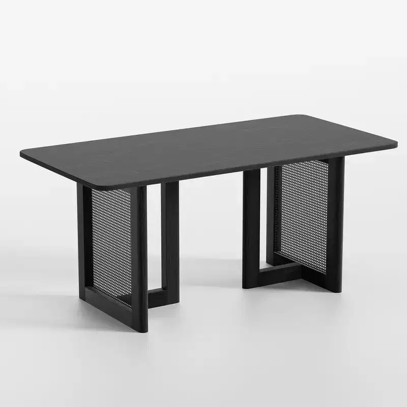 PexFix 67 x 33.5 Farmhouse Kitchen Dining Room Table Furniture Square Black Kitchen Table with Rattan Woven Legs for Kitchen Bar Living Room
