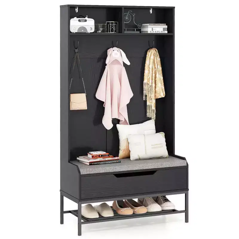 69 Tall Hall Tree with Seat Cushion Open Compartments Hooks Lift-top Storage White/Black/Rustic Brown