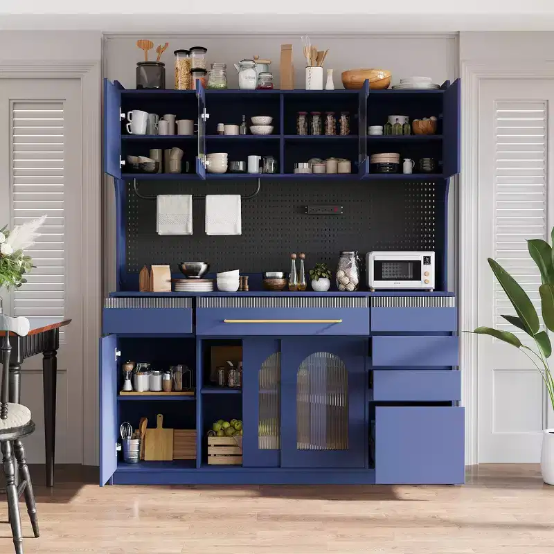 63-Inch Freestanding Buffet and Coffee Bar Storage Cabinet with Hutch, 6 Drawers, 5 Cabinets, Blue