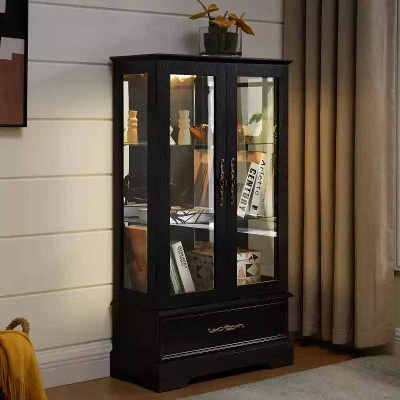 Lighted Glass Curio Cabinet with Adjustable Shelves - Elegant 2-Door Display Cabinet & Built-in Drawer, Includes Bulb