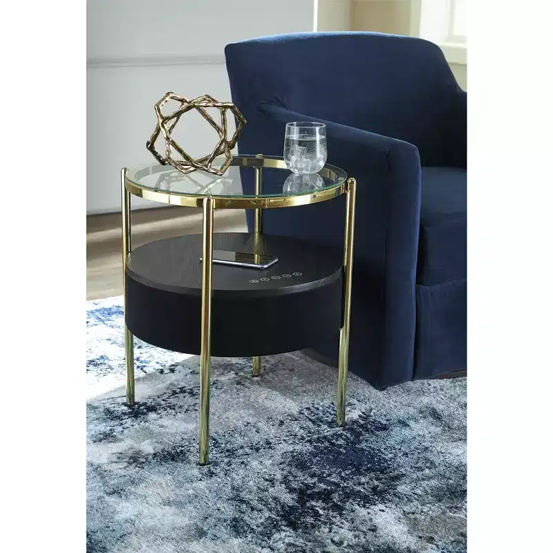 Round Glass Top Side Table with Built-in Bluetooth Speaker and Wireless Charging