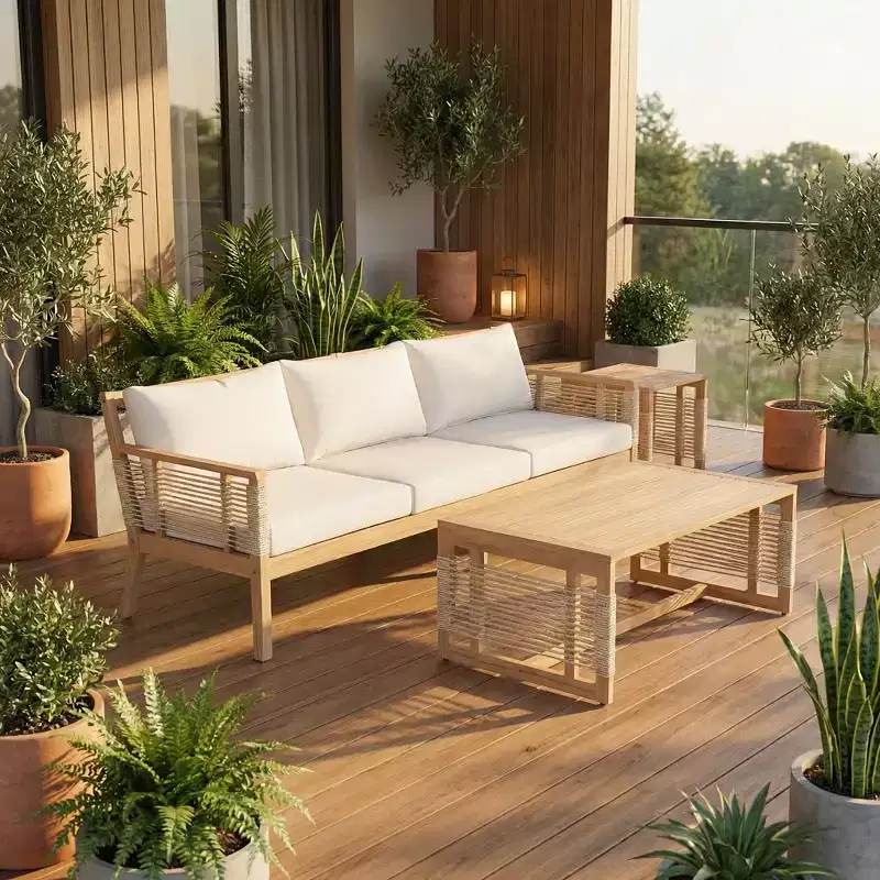 GDFStudio Brynn Patio Acacia Wood 3 Piece Chat Set with 3-Seater Sofa and 2 Coffee Tables