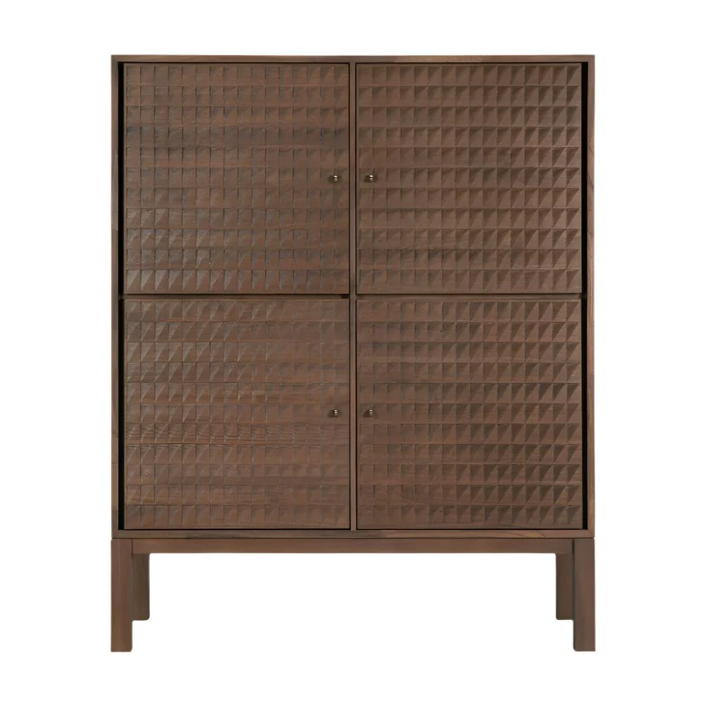 Antique-Inspired Solid Teak & Brass Cupboard with Hand-Carved Panels & Four Doors for Living Room or Dining Room
