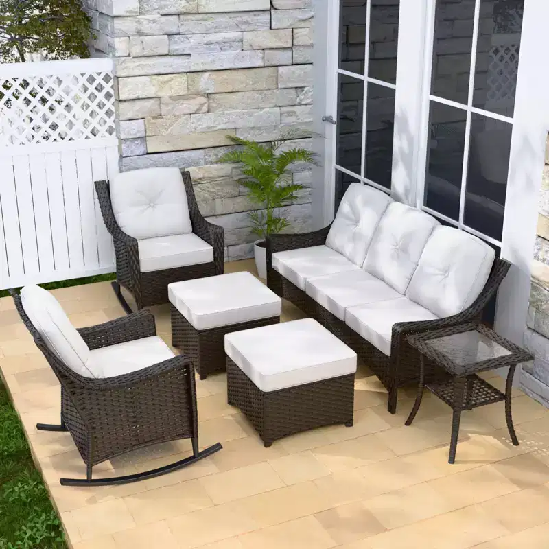 EAGLE PEAK Azure Bay 6 Pieces Wicker Outdoor Patio Furniture Set, Sofa and Rocking Chairs with Ottomans and Side Table