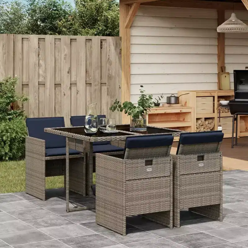 vidaXL Patio Dining Set with Cushions, Garden Table and Chairs, Gray Poly Rattan