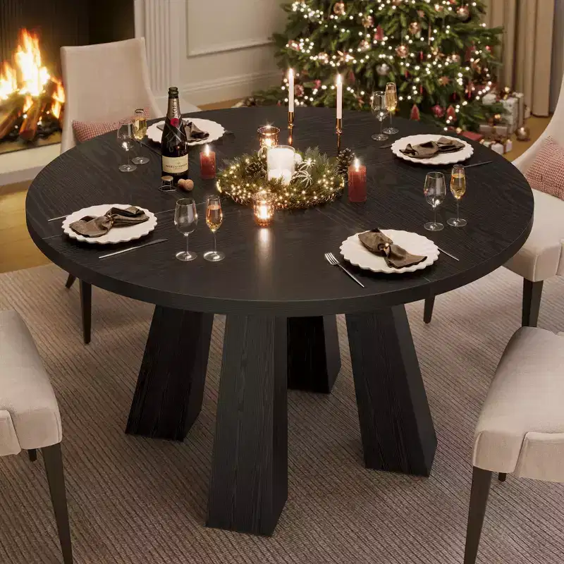 Round Dining Table for 4-6, 47 Wood Kitchen Dinner Table with Sturdy Base Pedestal for Living Room, Apartment