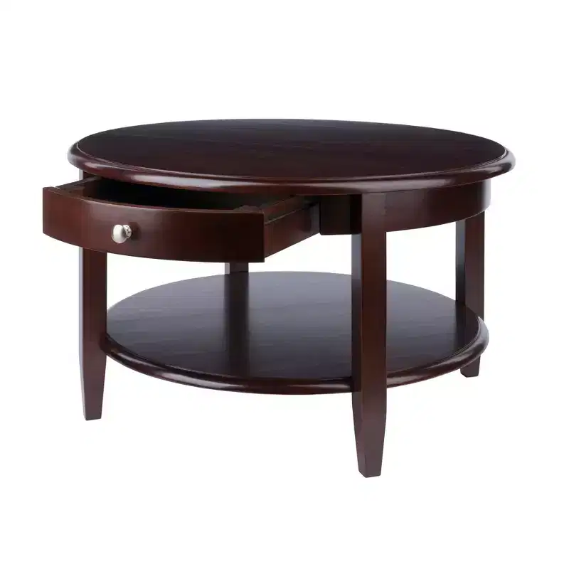 Round Coffee Table with Drawer and Shelf - Antique Walnut