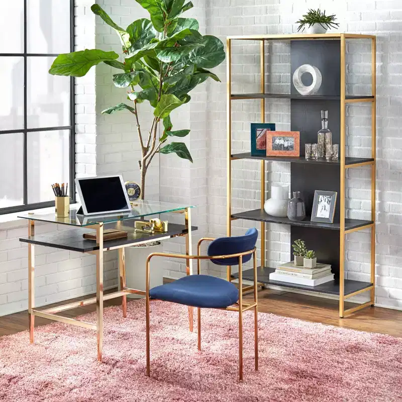 Mid-Century Glass Desk Bright Gold Metal Frame with Open Storage Shelf