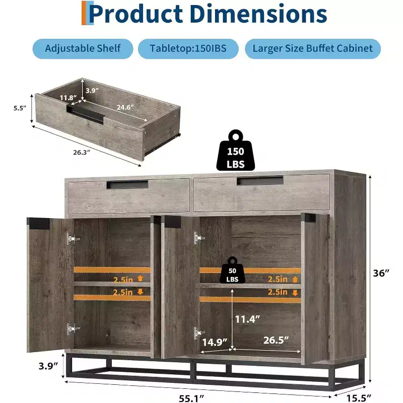 Sideboard Buffet Cabinet, 55 Kitchen Accent Modern Storage Cabinet with 2 Drawers and 4 Doors, Coffee Bar Buffet Table for Kitchen, Dining Room