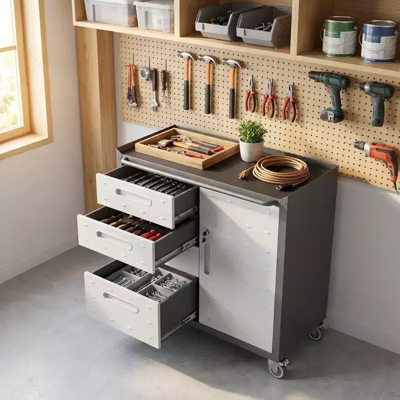 Black Steel Tool Cabinet with 4 Drawers & Lockable Compartment, Rolling, Single-User