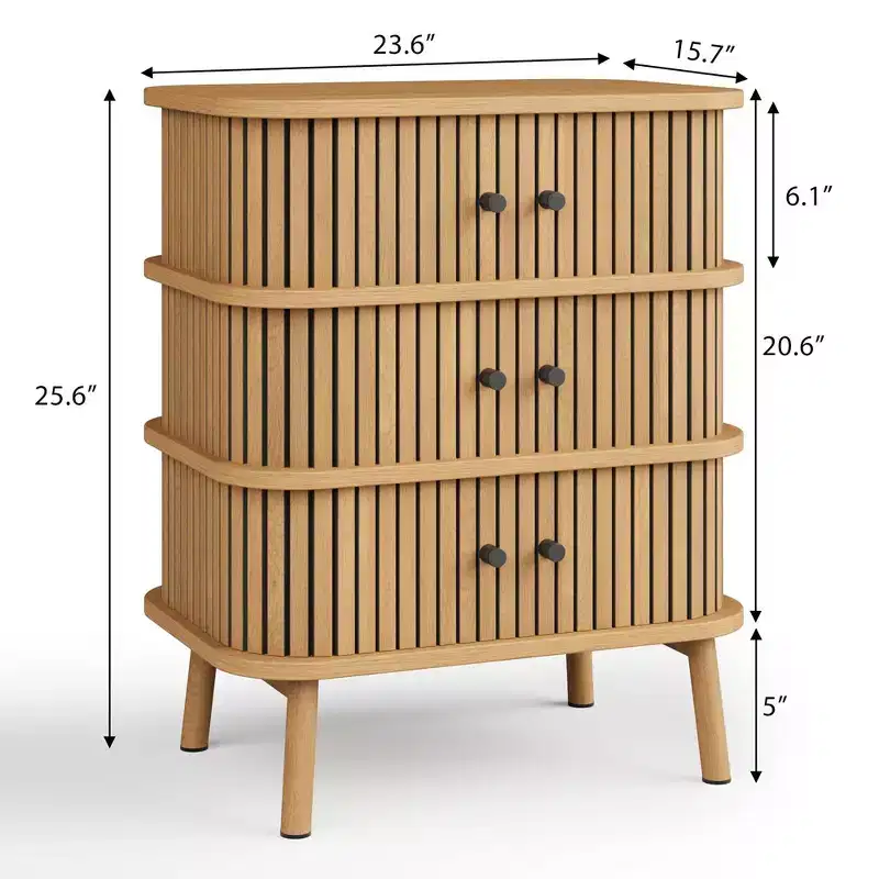 Fluted 3 Drawers Nightstand with Sliding Door