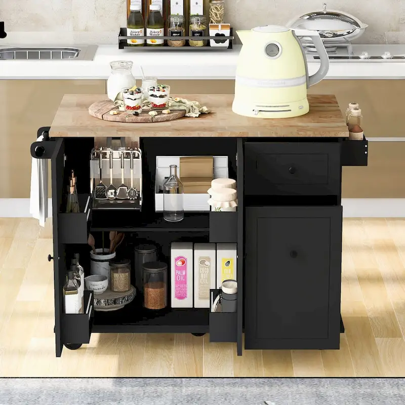 Rubberwood Kitchen Cart with Drop Leaf, 2 Drawers, Spice Rack & Locking Wheels