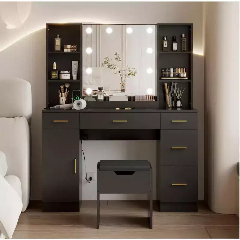 Acekool Farmhouse Vanity Set with Mirror, 56 Inch Makeup Desk with Charging Station, Adjustable Lighting, Storage Shelves & Stool for Bedroom