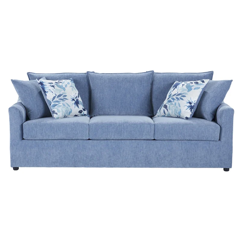 3-Seater Pillow Back Sofa in Slate Blue Polyester with 4 Accent Pillows