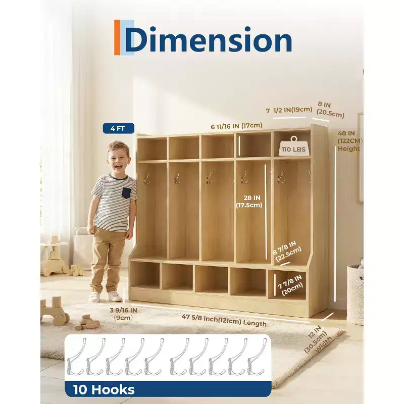Kids Wooden Coat Locker Bench,10-Cubby Storage with Hooks, Smooth Surface & Hidden Casters for Classroom, Daycare, School or Home Use