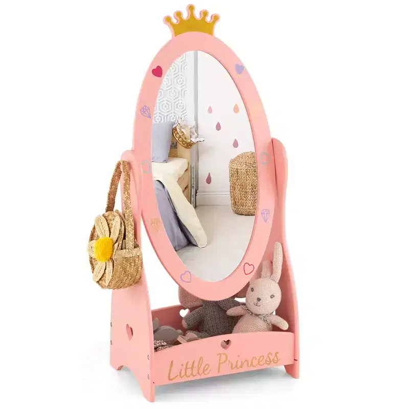 Kids Full Length Mirror Free-Standing 360° Dressing, Wooden Princess Storage — Pink