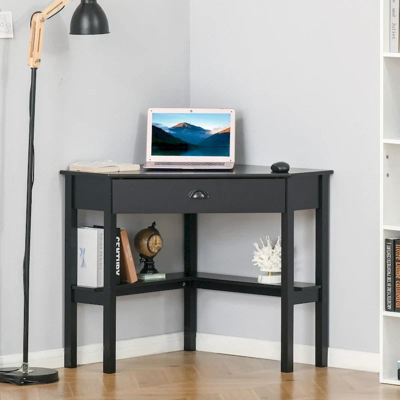 HOMCOM Corner Desk, Triangle Computer Desk with Drawer and Storage Shelves for Small Space