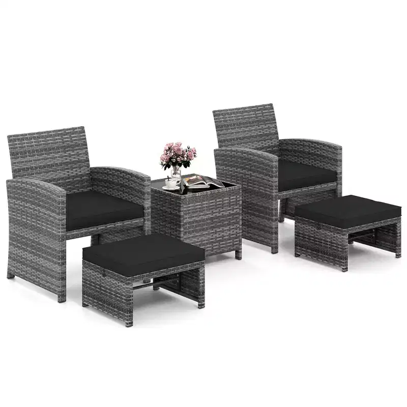 Costway 5 Pieces Patio Furniture Set PE Wicker Outdoor Lounge Chairs with 2 Ottomans Black/Gray/Navy/Red/Turquoise/White