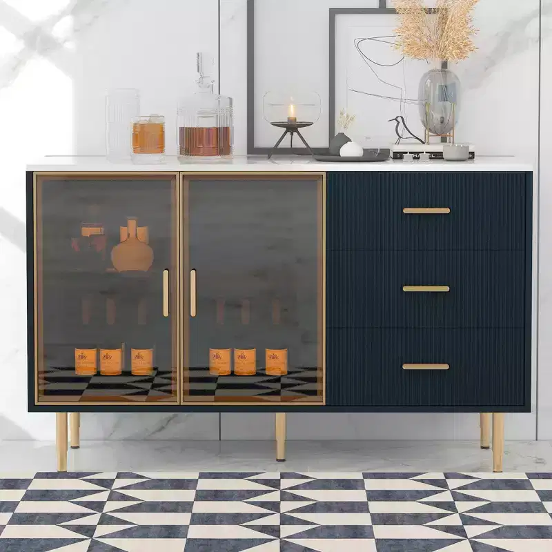Whisen Modern Sideboard Marble Sticker Tabletop with Gold Metal Legs and Handles for Dining Room, Living Room