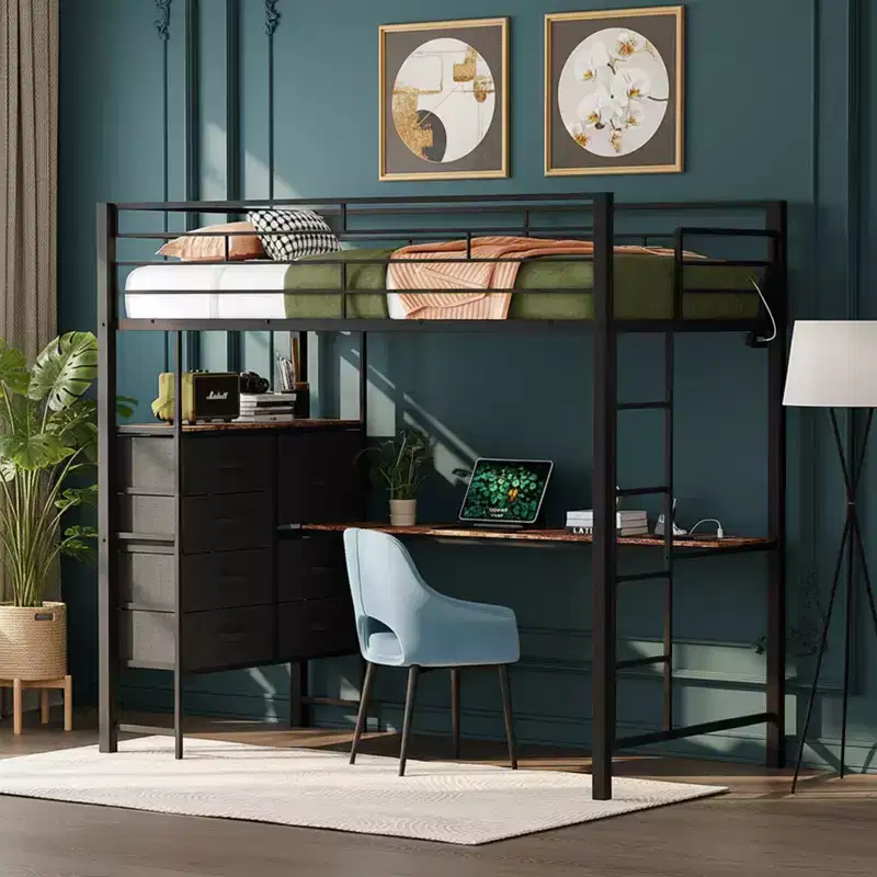 Karl Home Black Twin Loft Bed with Desk, Bunk Bed Frame with 7 Storage Drawers and LED Light