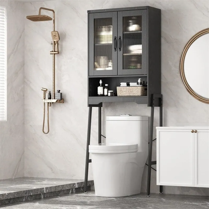 Over The Toilet Storage Cabinet with Tempered Glass Doors - 9.4D x 23.6W x 66.5H