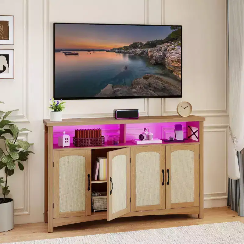 Farmhouse TV Stand for 60 Inch TV,Entertainment Center with LED Lights & Power Outlets,Media TV Console Table for Living Room