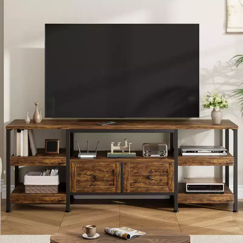 71 Modern Industrial Media Console TV Stand, Entertainment Center with 2 Drawers & Open Shelves, Metal Frame for TVs Up to 80 Inches