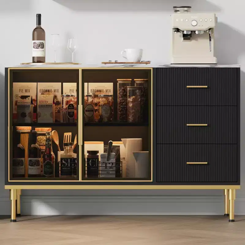 Sideboard Buffet Cabinet with LED Light, Kitchen Storage with 3 Fluted Drawers & Glass Doors, Accent Cabinet Cupboard Buffet Table with Storage