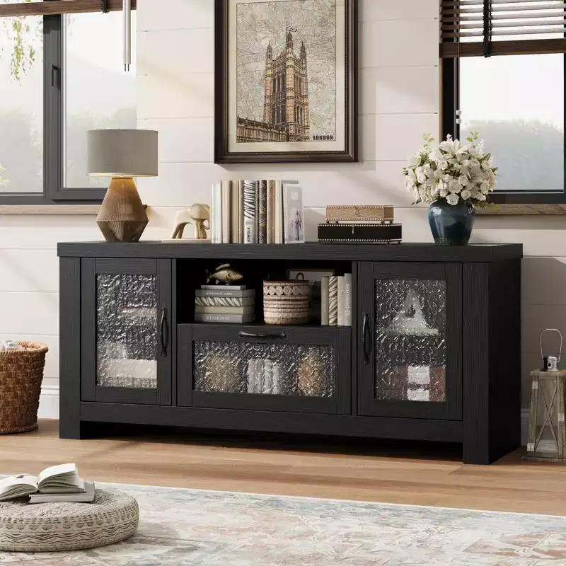 Farmhouse TV Stand for 55 Inch TV, Entertainment Center with Acrylic Door & Adjustable Shelves, Sideboard Buffet Storage Cabinet for Living Room