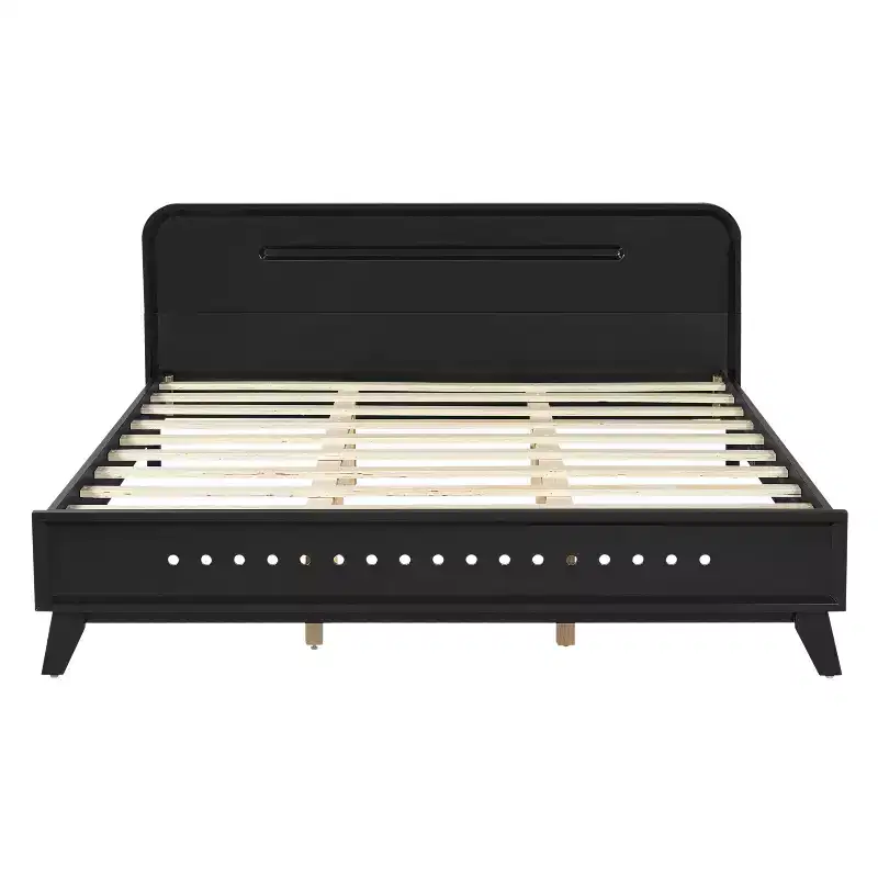Pine Wood Platform Bed with Curved Headboard - Queen/King, 800 lb Capacity, No Box Spring