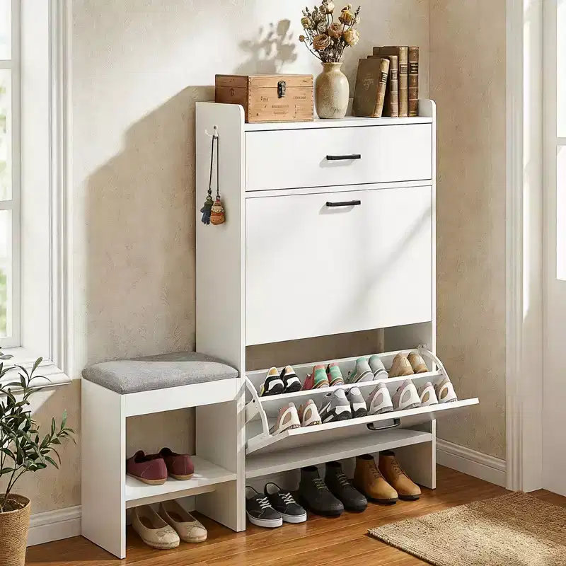 Karl Home 2-Drawer Shoe Cabinet With Flip Top Cushioned Stool 1 Hook 46.1 inches Width