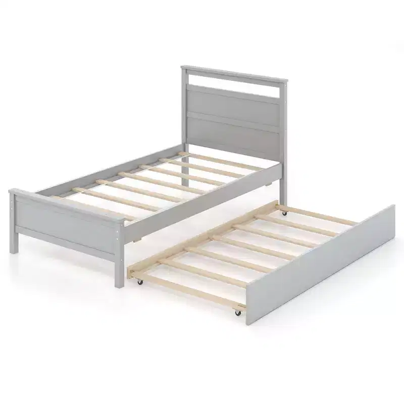 Twin Platform Bed with Pull-Out Trundle, Headboard & Footboard, Gray/White