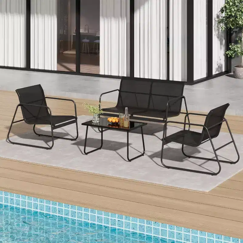4 Piece Patio Conversation Set, Outdoor Conversation Set with Single Chairs and Glass Top Coffee Table, One Love Seat, 2 Single Chairs and One Table