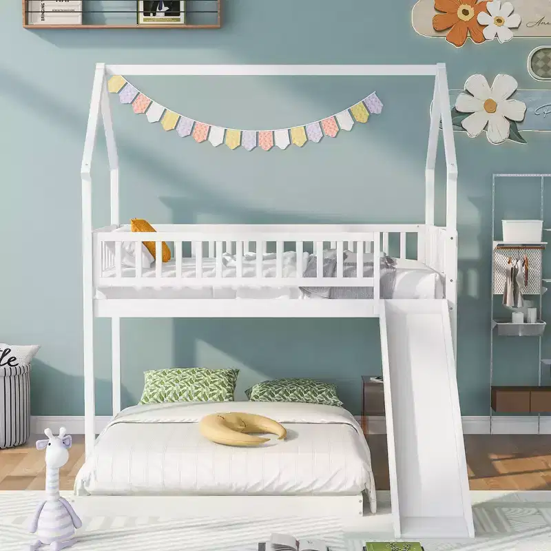 Whisen House Roof Design Twin over Full House Bunk Bed with Slide and Built-in Ladder