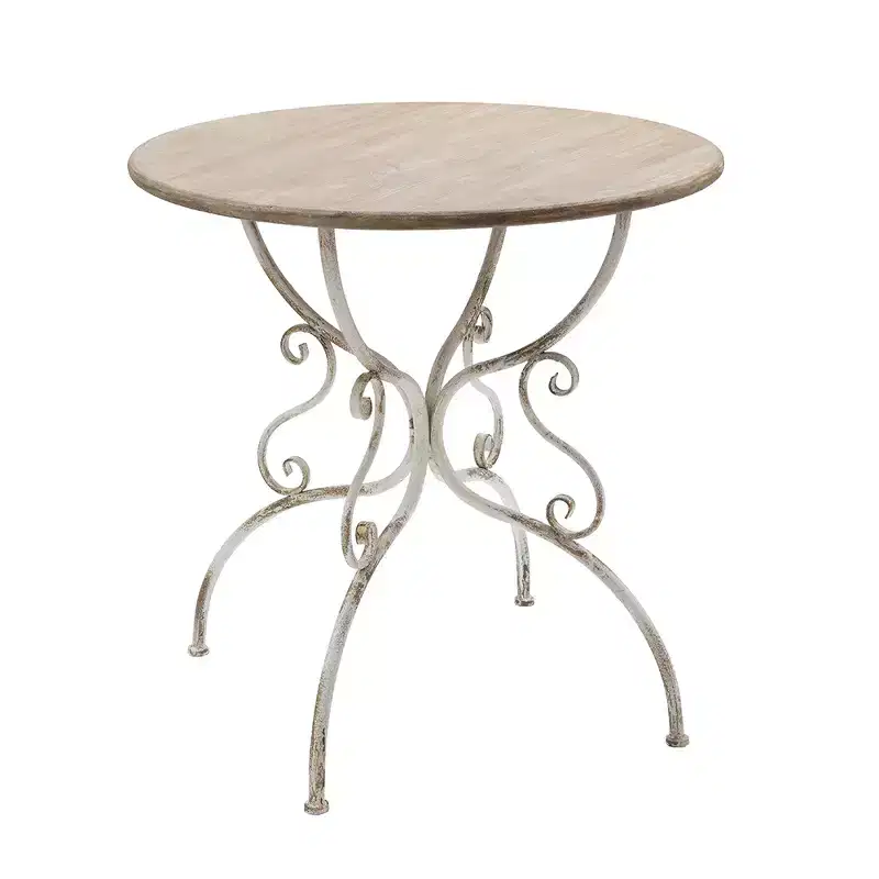 Round Wooden Table with Metal Scrollwork Legs White Finish 31.5x31.5
