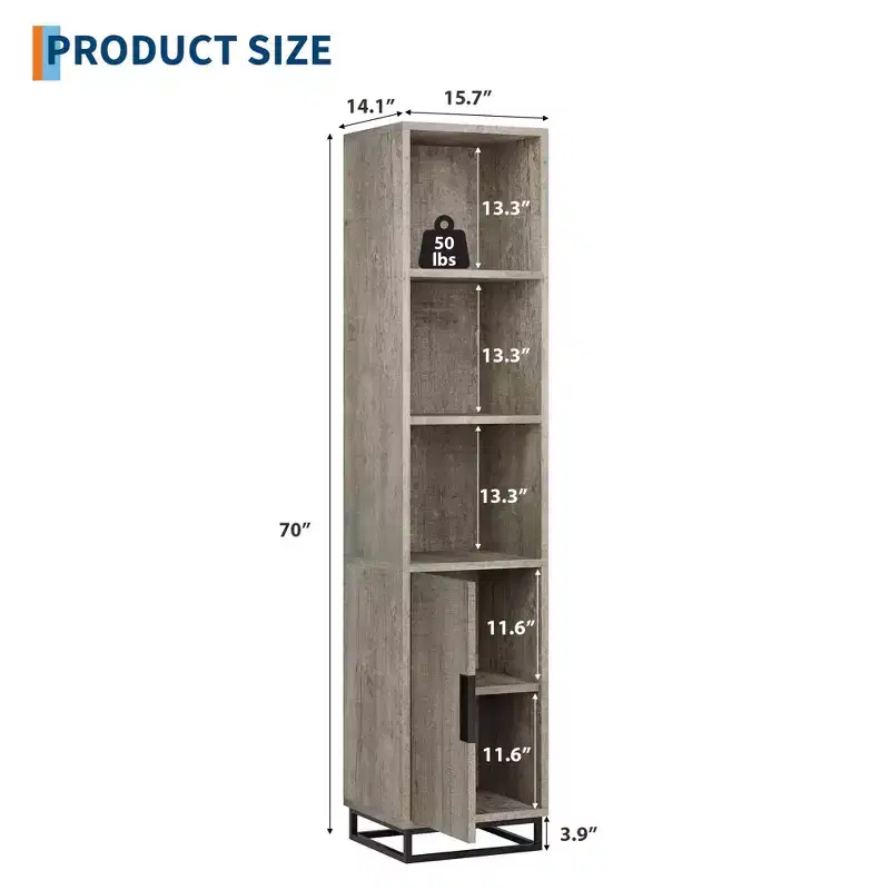 70-inch high storage cabinet with metal frame base and adjustable shelves, open freestanding storage cabinet for bathroom, living room