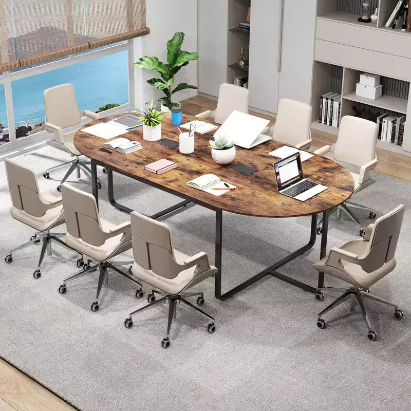 Costway 95 Conference Table for 10-12 People 2 Cable Management Grommets for Office Brown